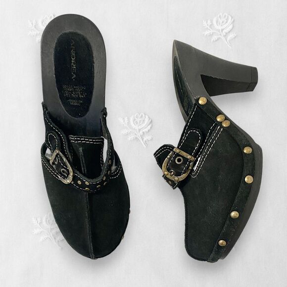 Andrea Shoes - Andres Genuine Leather Black Boho Witchy Brassy Gold Studded Suede Clogs US 8.5
